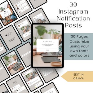 Könnte beinhalten: Ein digitales Produkt-Mockup mit einem Tablet, das eine Instagram-Benachrichtigung anzeigt. Das Bild zeigt 30 Instagram-Benachrichtigungs-Post-Vorlagen. Der Text enthält "30 Instagram Notification Posts" und "Edit in Canva."
