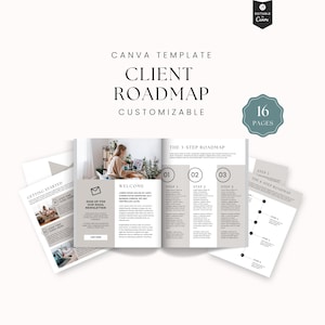 Può includere: Un modello Canva personalizzabile intitolato "Client Roadmap" con 16 pagine. Il design presenta un opuscolo con un messaggio di benvenuto e una roadmap in 3 fasi, insieme a pagine aggiuntive per iniziare e iscriversi alla newsletter.