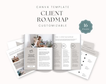 Kunden-Road Map Canva-Vorlage - 16-seitige bearbeitbare Onboarding-Zeitleiste, Prozessleitfaden und Vorschlagspaket für Dienstleister