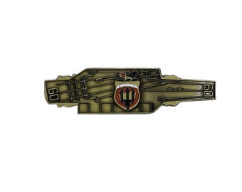 May include: A bronze-colored metal pin shaped like an aircraft carrier. The pin features the number "60" on the left side and a crest with a lion and trident. The crest is red, white, and gold. The pin is a detailed representation of a naval vessel.