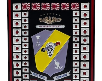 May include: A black and red enamel pin with a yellow and purple shield design. The shield features a skull, a submarine, a kangaroo, and the text "COD O-19". The pin also features the text "United States Submarine" and "ONDERZEEDIENST".