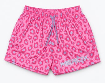 Pantaloncini in rete MEROX rosa e blu con stampa leopardata, tasche con cerniera unisex