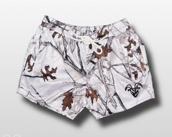 Goat Strength 5 inch inseam arctic Camo shorts | Snow Camo gym shorts | realistic white Camouflage  athletic shorts - Zipper pockets