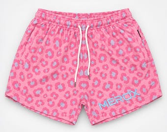 MEROX Pink Leopard Cotton Shorts, Blue Embroidered Logo, Unisex Zipper Pockets