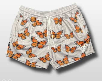 Spodenki sportowe z siateczki Monarch Butterfly marki Goat Strength – 5-calowe szorty z kieszeniami na zamek, idealne na siłownię, do pickleballa, biegania i na co dzień