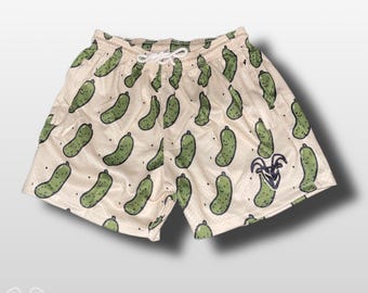 Goat Strength Unisex 5-Inch Inseam Mesh Shorts with Zipper Pockets - Funny Pickle Design for Gym, Workout, & Casual Wear