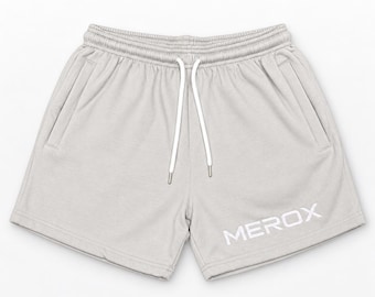 MEROX Gray Cotton Shorts, White Embroidered Logo, Unisex Zipper Pockets
