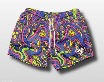 GOAT Strength 5” Inseam Mesh Shorts, Psychedelic Rave Design, Neon Swirl Festival Design, Athletic, Breathable, Stretchy Workout Shorts