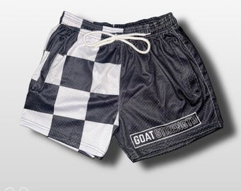 Goat Strength Half Checkered Half Black Shorts - 5 Inch Inseam, Breathable Elastic Workout Gym camouflage Shorts - Zipper Pockets