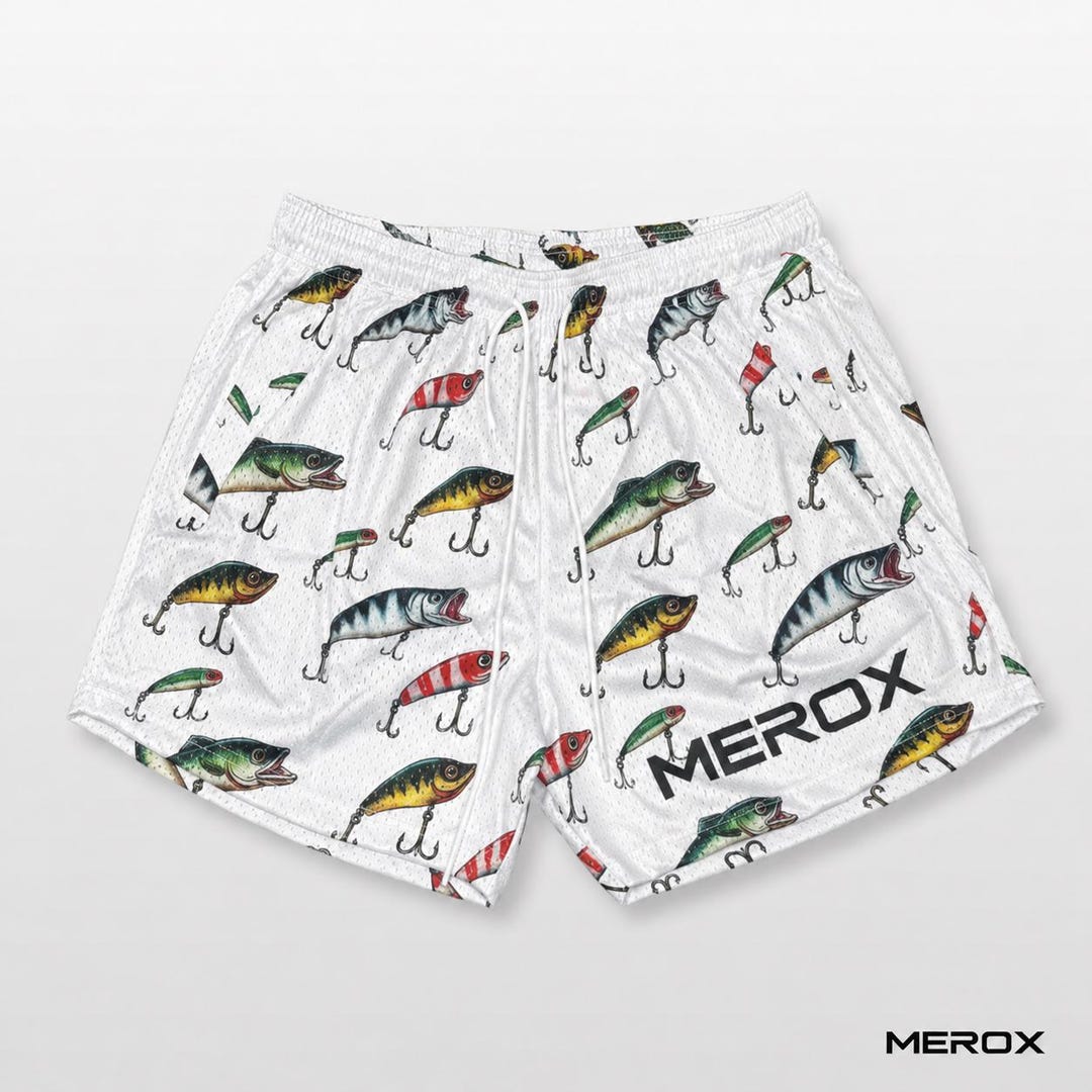 MEROX Fishing Lure Mesh Gym Shorts – 5-inch Unisex Zipper Pockets