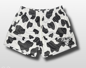 Goat Strength 5” Inseam Mesh Shorts – Black & White Cow Print – Athletic Workout Shorts with Zipper Pockets