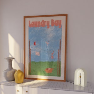 Día de lavandería Tendedero Linda ilustración de lazo rosa rojo // Descarga digital Impresión de arte // Lavandería y decoración del hogar