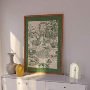 Ilustración de mesa de fiesta de cena verde Descarga digital / Impresión de póster de arte de pared imprimible / Cocina y mesa de comedor Decoración del hogar