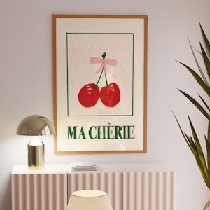 Ma Cherie Cherry Coquette Pink Red Bow Ilustrado Descarga digital Lindo francés Wall Art Poster Print