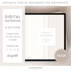 May include: Digital notebook for Goodnotes with 12 sections, 4 paper styles, and 4 color options. The notebook features a celestial theme and a horizontal layout. The cover displays the text "Digital Notebook" and "New".