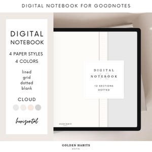 May include: A digital notebook for Goodnotes featuring 12 sections and dotted paper. The interface displays text indicating 4 paper styles, 4 colors, and the label Cloud. The design includes a horizontal layout with the brand name Golden Habits Digital.