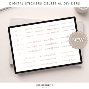 May include: A digital tablet displays a collection of celestial-themed divider stickers. The stickers feature stars, moons, and floral designs in soft pastel colors. The text "DIGITAL STICKERS CELESTIAL DIVIDERS" is at the top. A "NEW" sticker is visible.