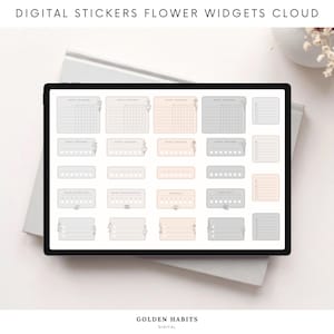 Può includere: Uno schermo di tablet digitale che mostra una collezione di tracker delle abitudini e widget a tema floreale in tonalità grigie e pesca. Il testo recita DIGITAL STICKERS FLOWER WIDGETS CLOUD e GOLDEN HABITS DIGITAL. Il layout include griglie, elenchi e tracker circolari.