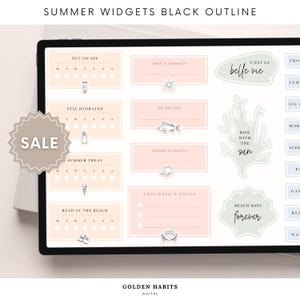 May include: A digital planner screen displaying summer-themed widgets with black outlines. The layout includes habit trackers for SPF, hydration, treats, and reading, alongside task boxes labeled Don't Forget, Deadline, and Focus, plus decorative stickers.
