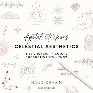 Celestial GoodNotes Stickers | Pakiet cyfrowego planera zodiaku i księżyca | Estetyczny pakiet naklejek astrologicznych