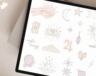 Puede incluir: Una pantalla de tableta digital que muestra una colección de pegatinas de arte lineal con motivos celestiales y místicos, incluyendo manos sosteniendo un sol, lunas crecientes, estrellas, una carta del tarot, un ojo, una bola de cristal, nubes, cristales y el texto mystic energy.