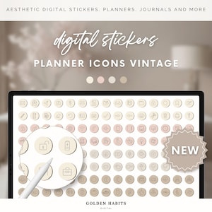 Planner Icons for GoodNotes | Minimal Digital Stickers for Digital Planner | Everyday Aesthetic Icons PNG and Sticker Book | Vintage Color