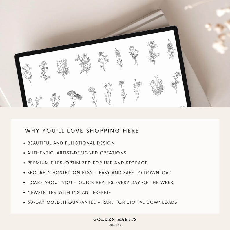 May include: A digital display showing a collection of black and white botanical line art illustrations. Below, text reads: WHY YOU'LL LOVE SHOPPING HERE, listing benefits like premium files and a 30-day golden guarantee, ending with the brand name GOLDEN HABITS DIGITAL.