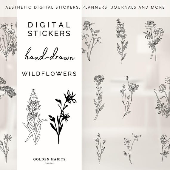 Hand-Drawn Wildflower Digital Stickers: Floral GoodNotes Planner Set (PNG)