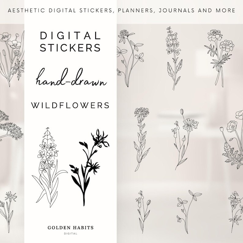 May include: A collection of black and white digital stickers featuring hand-drawn wildflower illustrations. The text reads AESTHETIC DIGITAL STICKERS, PLANNERS, JOURNALS AND MORE, DIGITAL STICKERS, hand-drawn WILDFLOWERS, and GOLDEN HABITS DIGITAL.
