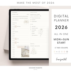 Agenda numérique 2026 pour GoodNotes : lien hypertexte hebdomadaire, quotidien, mensuel, début du lundi/dimanche, horizontal, nuage