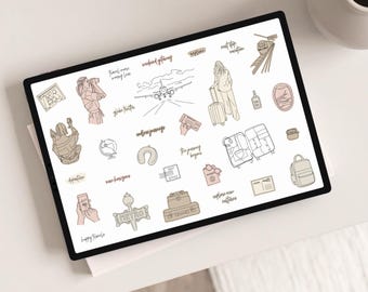 May include: A digital illustration on a tablet with travel-themed doodles in beige and brown tones. The doodles include an airplane, luggage, passport, and the text "Where will you go next?" and "Golden Habits Digital".
