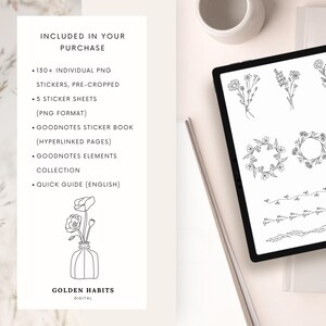 May include: A digital product listing featuring a tablet displaying black and white line art floral stickers. The text lists 130+ individual PNG stickers, 5 sticker sheets, a Goodnotes sticker book, an elements collection, and a quick guide.