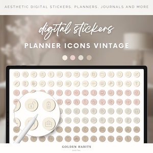 Planeringsikoner för GoodNotes | Minimalistiska digitala klistermärken för digital planerare | Vardagliga estetiska ikoner PNG och klistermärkesbok | Vintagefärg