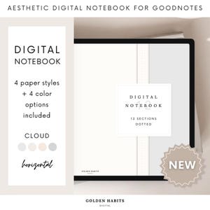May include: Digital notebook for Goodnotes with 4 paper styles and 4 color options. The notebook includes 12 dotted sections. The cover features the text "Digital Notebook" and the word "NEW" in a starburst.