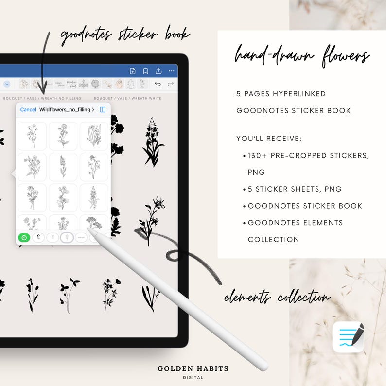 May include: A digital Goodnotes sticker book featuring hand-drawn flowers. The screen displays a menu of black and white floral illustrations. Text includes 5 pages hyperlinked, 130+ pre-cropped stickers, PNG, 5 sticker sheets, and elements collection.
