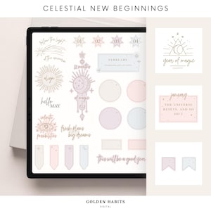 May include: Digital planner stickers with celestial and botanical designs. Includes phrases like "Celestial New Beginnings", "Hello May", and "Fresh Plans Big Dreams". Features stars, moons, and pastel colors.