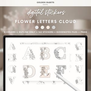 Puede incluir: Pegatinas digitales con diseños de letras florales. La imagen muestra las letras de la A a la U, cada una adornada con delicados arreglos florales. El texto dice "FLOWER LETTERS CLOUD" y "4 COLORS + OUTLINE ONLY 162 STICKERS GOODNOTES FILES + PNGS".