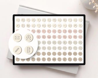 May include: A digital collection of round planner icons titled PLANNER ICONS ROUND VINTAGE by GOLDEN HABITS DIGITAL. The set features numerous beige and soft pink circular icons with thin brown line art symbols for various daily tasks.