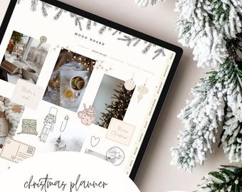 May include: A digital Christmas planner displayed on a tablet screen featuring a mood board with festive imagery, including a nutcracker, hot cocoa, and ornaments. The interface includes tabs for calendar, budget, gifts, and decor, with pine branch borders.