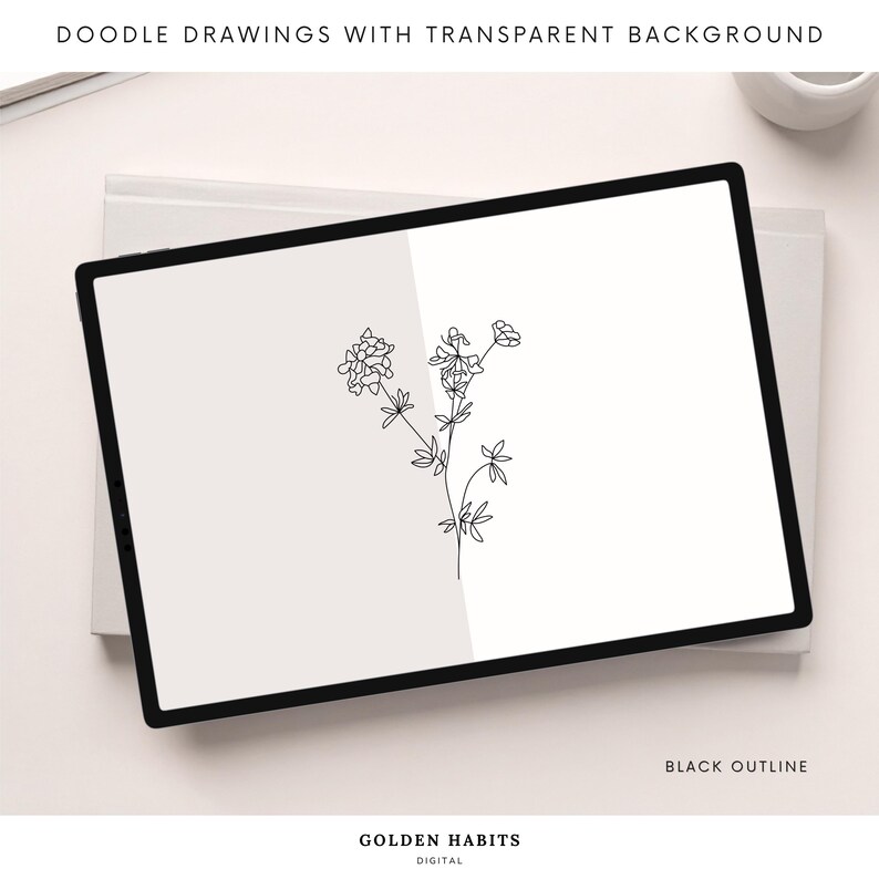 May include: A digital tablet screen displays a black line art drawing of a wildflower stem with leaves and blossoms. The text DOODLE DRAWINGS WITH TRANSPARENT BACKGROUND appears at the top, while BLACK OUTLINE and GOLDEN HABITS DIGITAL are at the bottom.