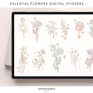 May include: A digital tablet shows celestial flower digital stickers. The stickers are line art designs of flowers, moons, stars, and hands, in gold, pink, and purple. The text "CELESTIAL FLOWERS DIGITAL STICKERS" and "GOLDEN HABITS DIGITAL" are visible.