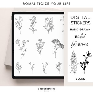 May include: A digital display showing a collection of black and white hand-drawn wildflower stickers. The text reads ROMANTICIZE YOUR LIFE, DIGITAL STICKERS, HAND-DRAWN wild flowers, BLACK, and GOLDEN HABITS DIGITAL. The designs feature various floral line art.