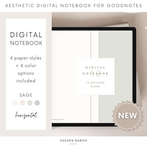 May include: Digital notebook with a black border, featuring text: "DIGITAL NOTEBOOK", "4 paper styles + 4 color options included", and "12 SECTIONS BLANK". The notebook has a sage color scheme and a "NEW" sticker.