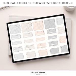 Könnte beinhalten: Eine Sammlung digitaler Aufkleber auf einem Tablet-Bildschirm, bestehend aus verschiedenen Gewohnheits-Trackern, Checklisten und Notiz-Widgets in sanften Grau- und Pfirsichtönen, verziert mit zarten floralen Strichzeichnungen und beschriftetem Text.