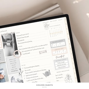 Könnte beinhalten: Eine digitale Planer-Oberfläche auf einem Bildschirm mit einem September-Kalender, Gewohnheits-Trackern, Ziellisten und Trainingsprotokollen. Das Layout enthält Abschnitte für Notizen, Aufgabenlisten und wöchentliche Reflexionen mit Texten wie 'in my glow up era'.