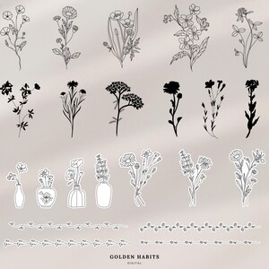 May include: A collection of black and white digital illustrations featuring various wildflowers, floral stems, and botanical borders. The set includes line art and solid silhouettes of plants, small vases with flowers, and the text GOLDEN HABITS DIGITAL.