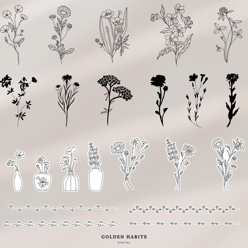 May include: A collection of black and white digital illustrations featuring various wildflowers, floral stems, and botanical borders. The set includes line art and solid silhouettes of plants, small vases with flowers, and the text GOLDEN HABITS DIGITAL.