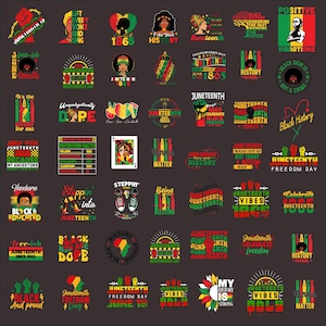 May include: A selection of Juneteenth-themed graphic designs in red, yellow, green, and black. The designs feature text like "Black History," "Juneteenth," and "Freedom Day," alongside illustrations of fists, hearts, and African American figures.