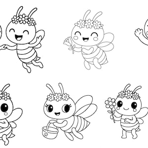 May include: Black and white cartoon illustrations of bees. The bees have striped bodies, wings, and flower crowns. Some bees hold honey dippers, flowers, or baskets. One pair of bees is holding hands.
