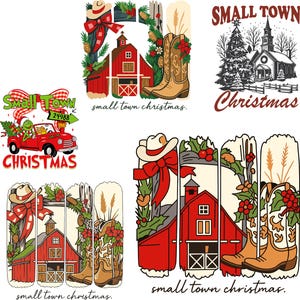 May include: A collection of Christmas-themed illustrations. Designs include a red barn, cowboy boots, a church, and a red truck with a character. Text includes "Small Town Christmas" and a zip code.